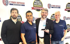 group of men holding award